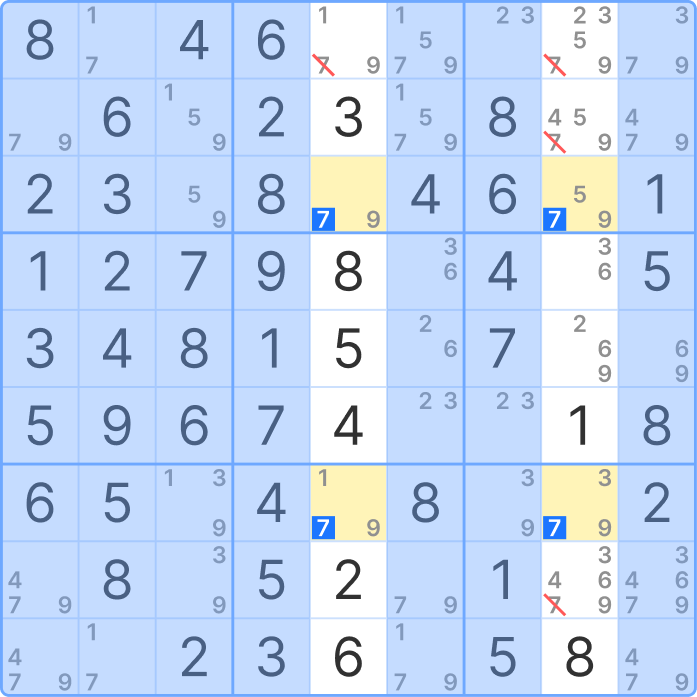 X-Wing technique applied to a Sudoku grid