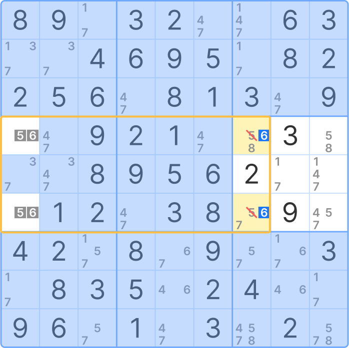 Sudoku grid after applying Unique Rectangle type 4 technique